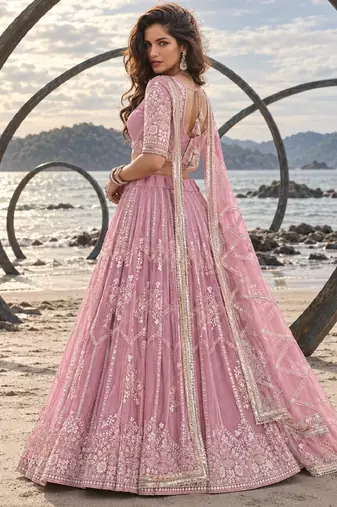 PINK NET THREAD WITH ZARI AND SEQUINCE WORK FESTIVE LEHENGA CHOLI SET FOR WOMEN'S