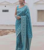Sky blue  silk blend jacuard work festival saree with unstitched blouse piece