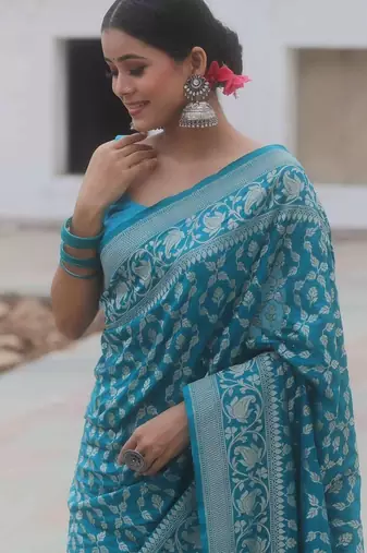 Sky blue  silk blend jacuard work festival saree with unstitched blouse piece