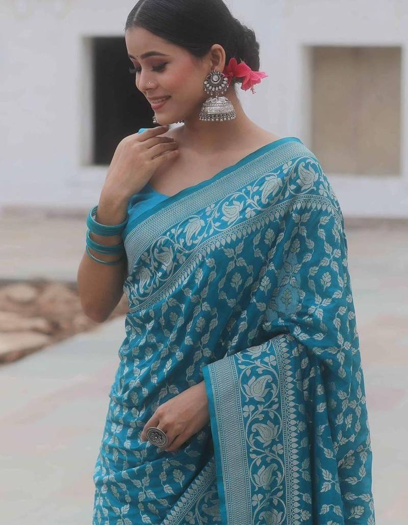 Sky blue  silk blend jacuard work festival saree with unstitched blouse piece