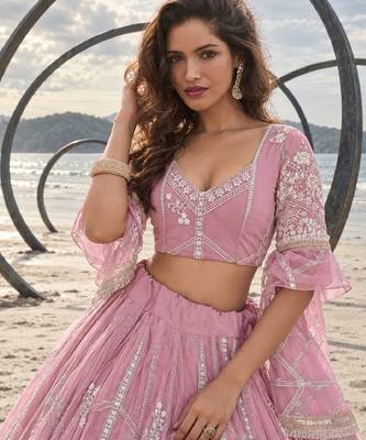 PINK NET THREAD WITH ZARI AND SEQUINCE WORK FESTIVE LEHENGA CHOLI SET FOR WOMEN'S 5