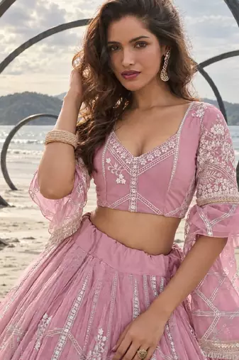 PINK NET THREAD WITH ZARI AND SEQUINCE WORK FESTIVE LEHENGA CHOLI SET FOR WOMEN'S