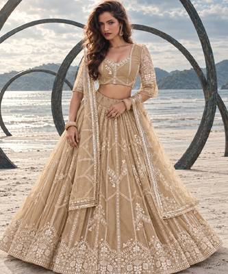 BEIGE NET THREAD WITH ZARI AND SEQUIN WORK FESTIVE LEHENGA CHOLI 1