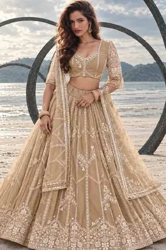 BEIGE NET THREAD WITH ZARI AND SEQUIN WORK FESTIVE LEHENGA CHOLI