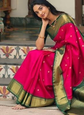 Pink green silk blend jacuard work festival saree with unstitched blouse piece 2