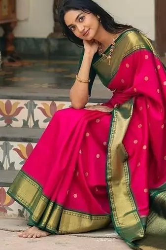 Pink green silk blend jacuard work festival saree with unstitched blouse piece