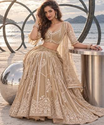 BEIGE NET THREAD WITH ZARI AND SEQUIN WORK FESTIVE LEHENGA CHOLI 4