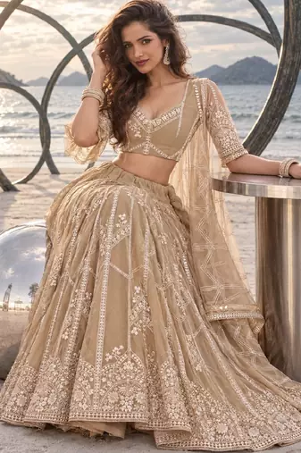 BEIGE NET THREAD WITH ZARI AND SEQUIN WORK FESTIVE LEHENGA CHOLI