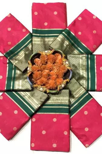 Pink green silk blend jacuard work festival saree with unstitched blouse piece