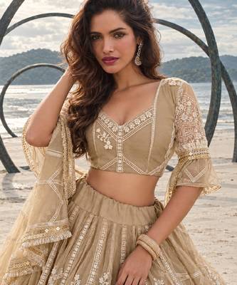 BEIGE NET THREAD WITH ZARI AND SEQUIN WORK FESTIVE LEHENGA CHOLI 5