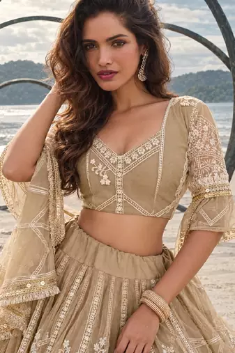 BEIGE NET THREAD WITH ZARI AND SEQUIN WORK FESTIVE LEHENGA CHOLI
