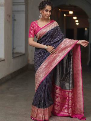 Blue pink silk blend jacuard work festival saree with unstitched blouse piece 1