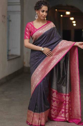Blue pink silk blend jacuard work festival saree with unstitched blouse piece