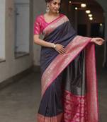 Blue pink silk blend jacuard work festival saree with unstitched blouse piece