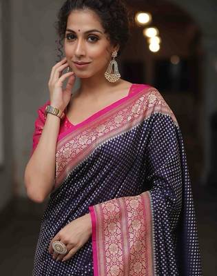 Blue pink silk blend jacuard work festival saree with unstitched blouse piece 2