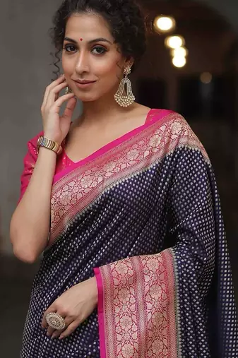 Blue pink silk blend jacuard work festival saree with unstitched blouse piece