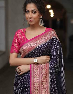 Blue pink silk blend jacuard work festival saree with unstitched blouse piece 3