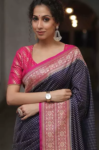 Blue pink silk blend jacuard work festival saree with unstitched blouse piece