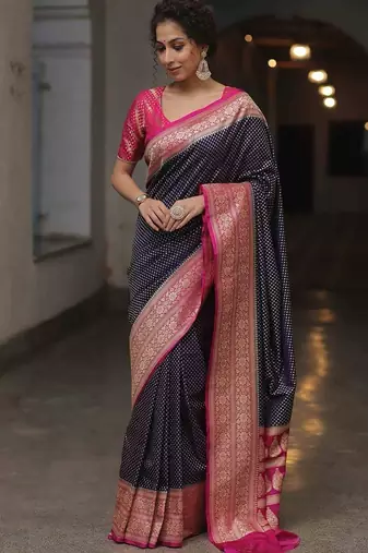 Blue pink silk blend jacuard work festival saree with unstitched blouse piece