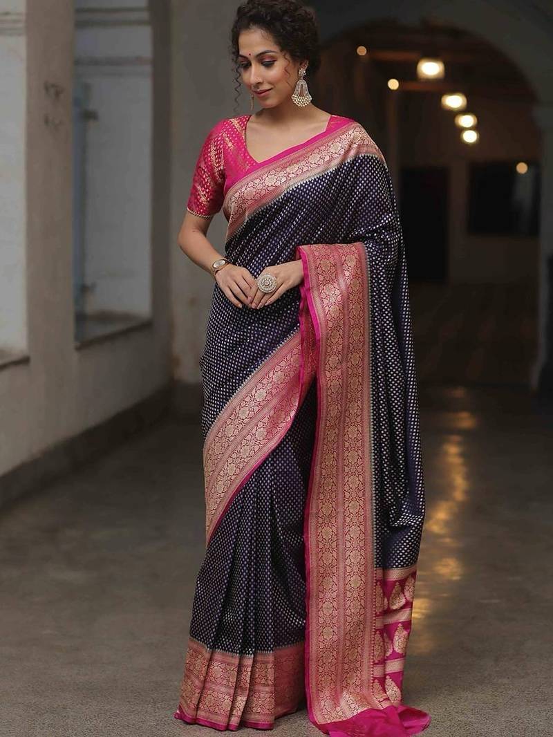 Blue pink silk blend jacuard work festival saree with unstitched blouse piece