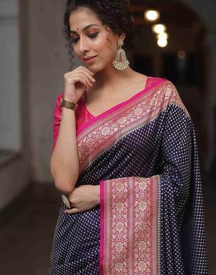 Blue pink silk blend jacuard work festival saree with unstitched blouse piece 5