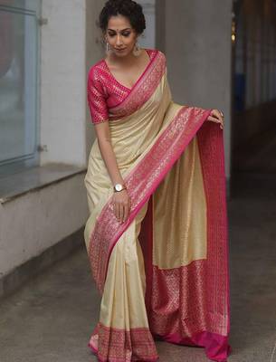 Off white pink silk blend jacuard work festival saree with unstitched blouse piece 1