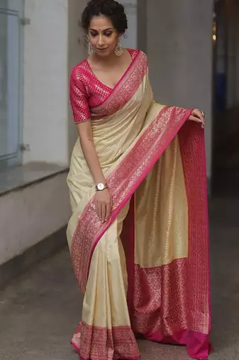 Off white pink silk blend jacuard work festival saree with unstitched blouse piece