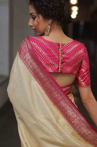 Off white pink silk blend jacuard work festival saree with unstitched blouse piece