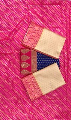 Off white pink silk blend jacuard work festival saree with unstitched blouse piece 5