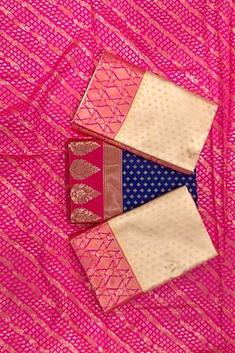 Off white pink silk blend jacuard work festival saree with unstitched blouse piece