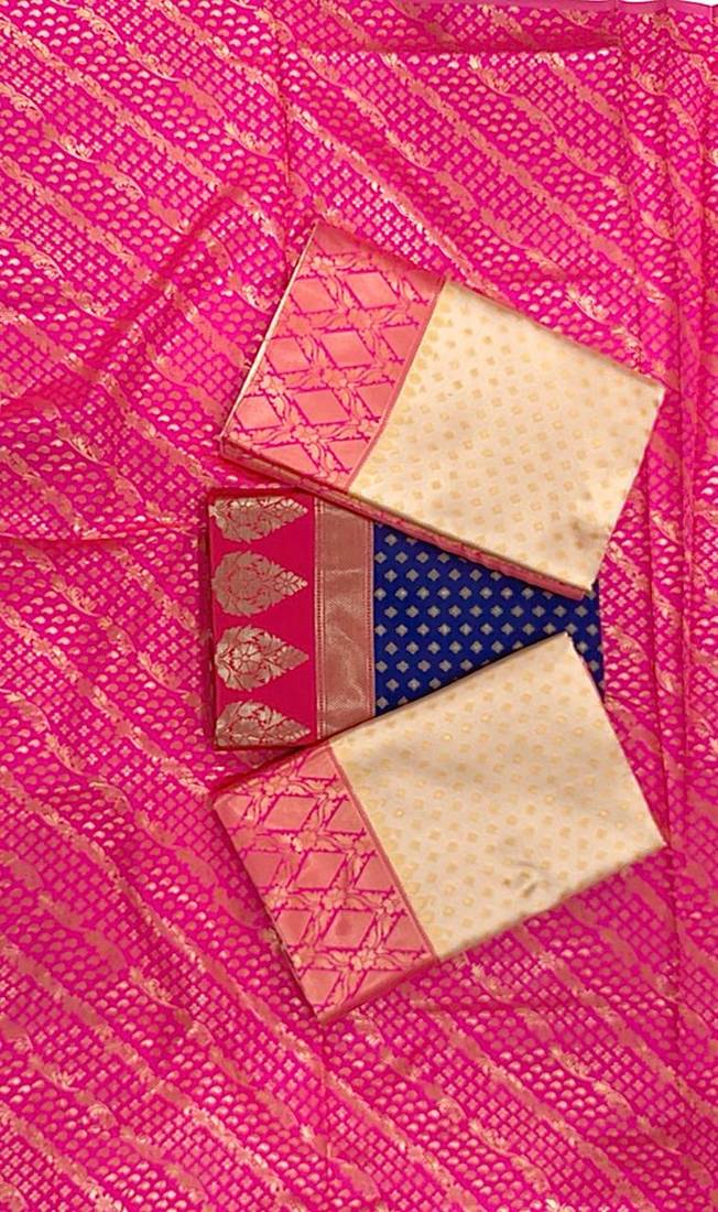 Off white pink silk blend jacuard work festival saree with unstitched blouse piece