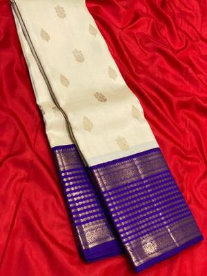 Off white blue silk blend jacuard work festival saree with unstitched blouse piece 1