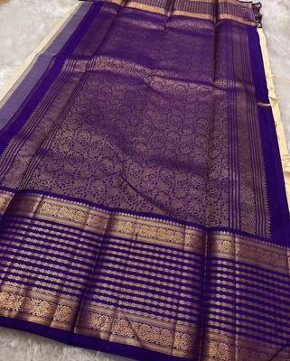 Off white blue silk blend jacuard work festival saree with unstitched blouse piece 3