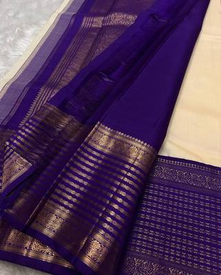 Off white blue silk blend jacuard work festival saree with unstitched blouse piece 4