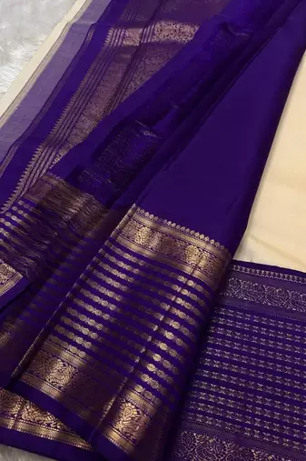 Off white blue silk blend jacuard work festival saree with unstitched blouse piece