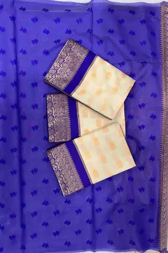 Off white blue silk blend jacuard work festival saree with unstitched blouse piece