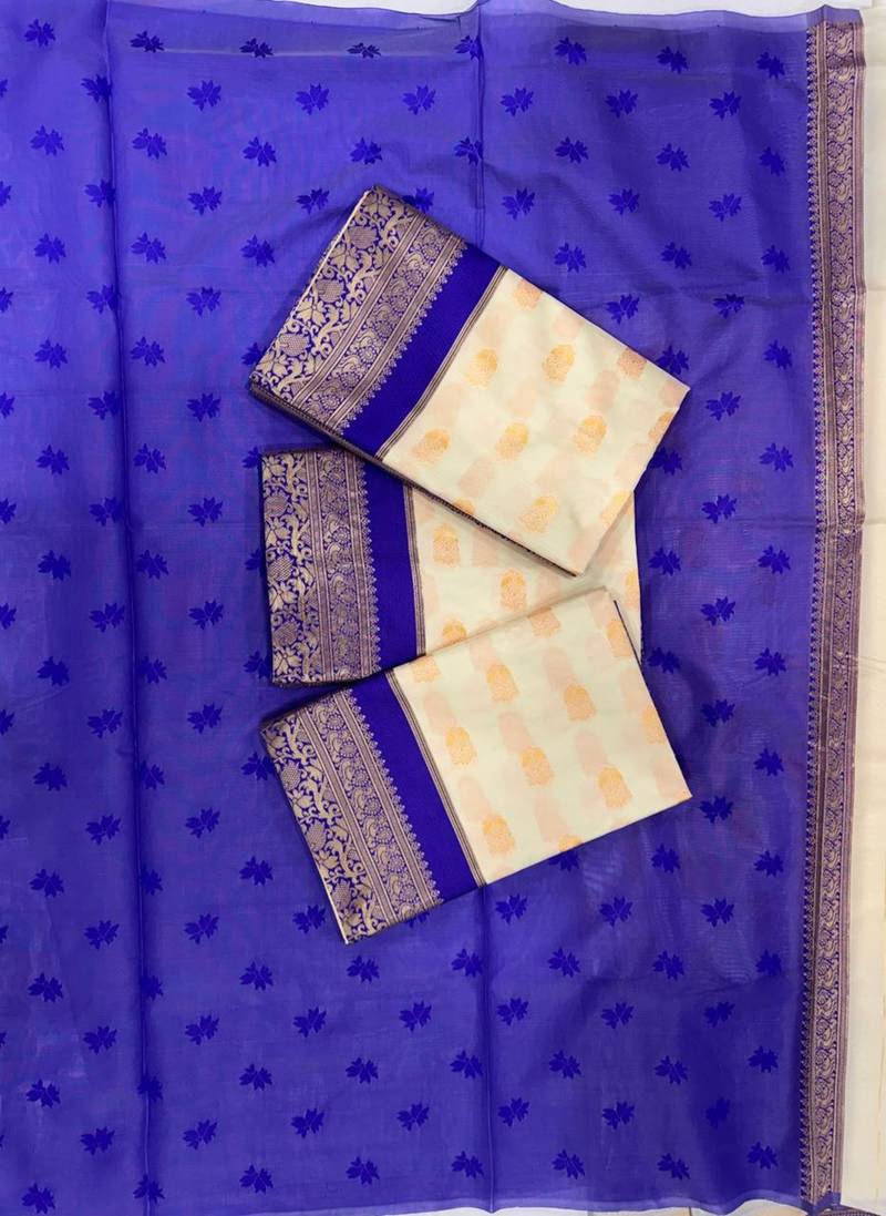 Off white blue silk blend jacuard work festival saree with unstitched blouse piece