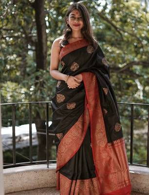 Black silk blend jacuard work festival saree with unstitched blouse piece 1