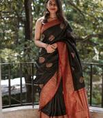 Black silk blend jacuard work festival saree with unstitched blouse piece
