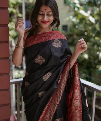 Black silk blend jacuard work festival saree with unstitched blouse piece 2