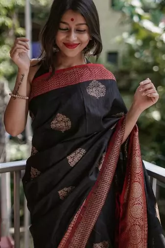 Black silk blend jacuard work festival saree with unstitched blouse piece