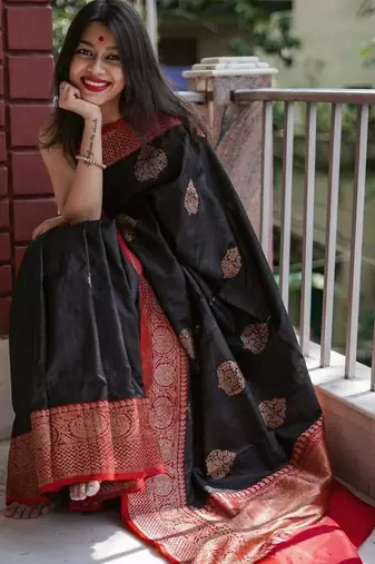 Black silk blend jacuard work festival saree with unstitched blouse piece