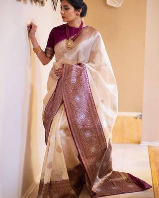 Off white wine silk blend jacuard work festival saree with unstitched blouse piece 1