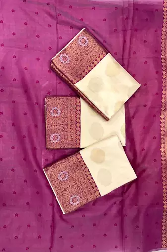 Off white wine silk blend jacuard work festival saree with unstitched blouse piece
