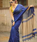Blue yellow linen jacuard work festival saree with unstitched blouse piece
