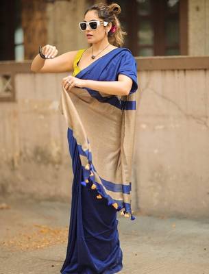 Blue yellow linen jacuard work festival saree with unstitched blouse piece 2