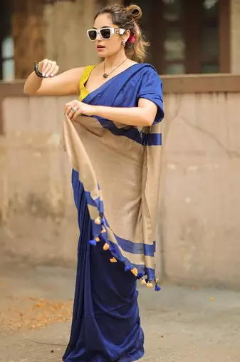 Blue yellow linen jacuard work festival saree with unstitched blouse piece