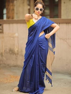 Blue yellow linen jacuard work festival saree with unstitched blouse piece 3