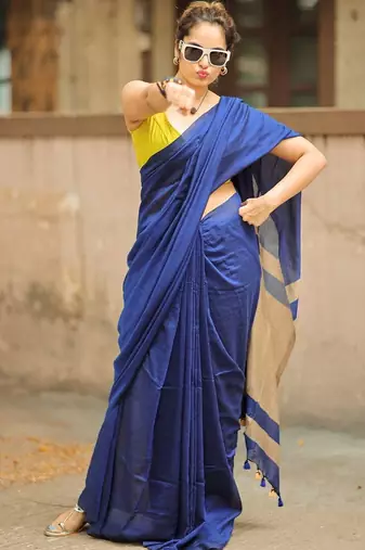 Blue yellow linen jacuard work festival saree with unstitched blouse piece
