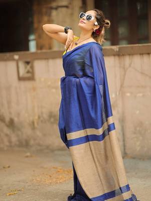 Blue yellow linen jacuard work festival saree with unstitched blouse piece 4